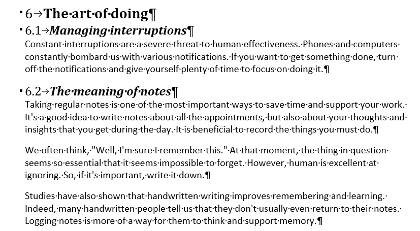 Otsikkojen edessä on numerot. For example, ‘the skill of doing' in front of the heading is 7 followed by 'interruption management' which is 7.1