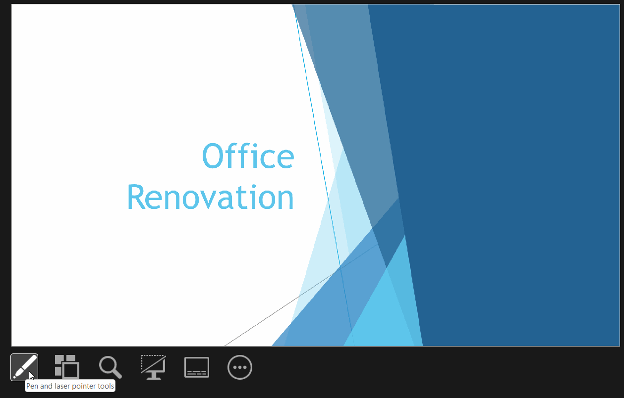 Esityksen alla vasemmalla olevasta kynän painikkeesta saat auki valikon, jossa ovat mm. vaihtoehdot laserosoitin, kynä ja korostuskynä