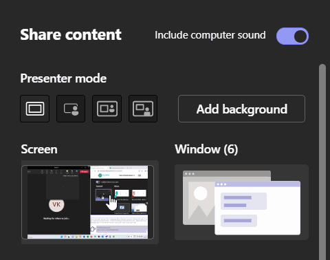 Kuvassa näytön alalaidassa näkyy pikkukuvat auki olevista ikkunoista ja lisäksi vaihtoehtona työpöytä/Screen