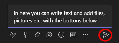 Kuvassa Keskusteluruutu, johon on kirjoitettu: 'Here you can list text and use the buttons below to add attachments, images, etc.'